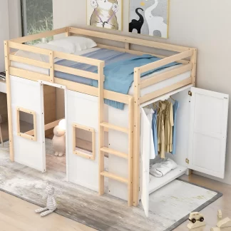 Kumix Twin Size Loft Bed, Wood Loft Bed with Built-in Storage Wardrobe, Full Length Guardrail, Ladder and 2 Windows for Kids Teens Adults, Space-Saving Loft Bed Frame for Bedroom, White+Natural