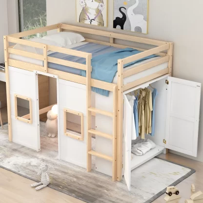 Kumix Twin Size Loft Bed, Wood Loft Bed with Built-in Storage Wardrobe, Full Length Guardrail, Ladder and 2 Windows for Kids Teens Adults, Space-Saving Loft Bed Frame for Bedroom, White+Natural