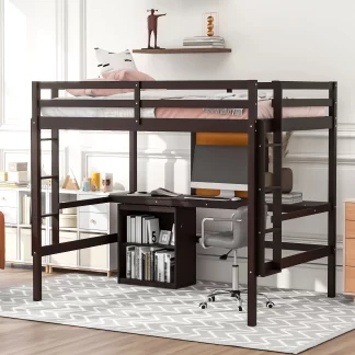 Kumix Full Size Loft Bed with Desk, Wood Loft Bed with Writing Board, Full Length Guardrail, Ladder and 2 Drawers Cabinet for Kids Teens Adults, Heavy Duty Loft Bed Frame for Bedroom, Espresso