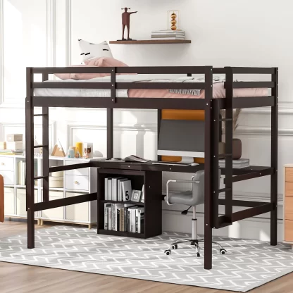 Kumix Full Size Loft Bed with Desk, Wood Loft Bed with Writing Board, Full Length Guardrail, Ladder and 2 Drawers Cabinet for Kids Teens Adults, Heavy Duty Loft Bed Frame for Bedroom, Espresso
