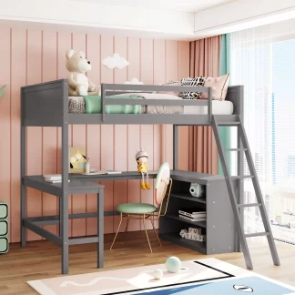 Kumix Loft Bed Full Size with Desk, Wood Loft Bed with Shelves Full Length Guardrail and Build-in Ladder for Kids Teens Adults, Heavy Duty Loft Bed for Bedroom, Noise-Free, Easy Assembly, Gray