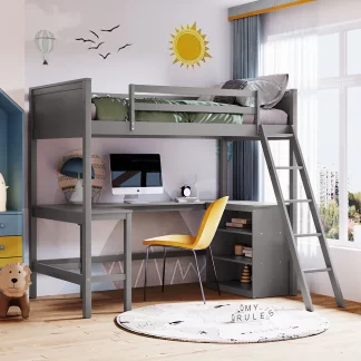 Kumix Loft Bed Twin Size with Desk, Wood Loft Bed with Storage Shelves Full Length Guardrail and Inclined Ladder for Kids Teens Adults, Space-Saving Loft Bed Frame for Bedroom, Noise-Free, Gray