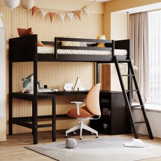 Kumix Loft Bed Twin Size with Desk, Wood Loft Bed with Storage Shelves Full Length Guardrail and Inclined Ladder for Kids Teens Adults, Space-Saving Loft Bed Frame for Bedroom, Noise-Free, Espresso