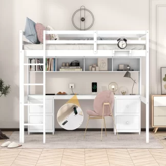 Kumix Loft Bed Full Size with Desk, Wood Loft Bed with Drawers and Bedside Tray, Charging Station for Kids Teens Adults, Heavy Duty Loft Bed for Bedroom, Dorm, Noise-Free, Space-Saving, White