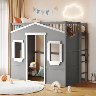 Kumix Loft Bed Twin Size, House Bed with Roof, Two Windows, Full Length Guardrail and Inclined Ladder for Kids Teens Boys/Girls, Wood Loft Bed for Bedroom, Dorm, Noise-Free, Space-Saving, Gray+White