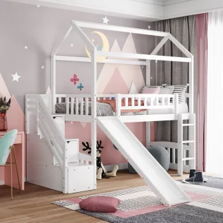 Kumix Loft Bed with Slide, Twin Size House Bed with Storage Staircase, Full Length Guardrail for Kids Teens Adults, Wood Loft Bed Frame for Bedroom, Dorm, Spacious Under Bed Space, Noise-Free, White