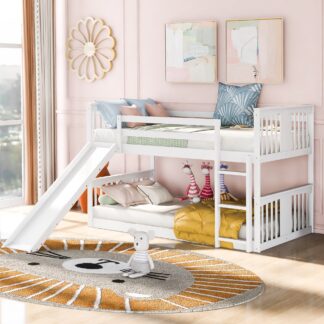 Kumix Twin over Twin Bunk Bed with Slide, Wood Bunk Bed for Kids Teens with Full Length Guardrail, Low Bunk Bed Frame for Bedroom, Dom, Noise-Free, No Box Spring Needed, White