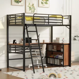 Kumix Loft Bed Twin Size, Metal Loft Bed with Desk and Shelves for Kids, Teens, Adults, Heavy Duty Loft Bed with Safety Guardrail and Ladder for Bedroom, Dom, Space Saving, Noise-Free, Black