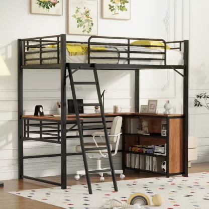Kumix Loft Bed Twin Size, Metal Loft Bed with Desk and Shelves for Kids, Teens, Adults, Heavy Duty Loft Bed with Safety Guardrail and Ladder for Bedroom, Dom, Space Saving, Noise-Free, Black