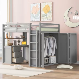 Kumix Loft Bed Full Size with Desk, Wood Loft Bed with Drawers, Shelves, Full Length Guardrail, Ladder and Wardrobe for Kids Teens Adults, Space-Saving, No Box Spring Needed, Noise-Free, Gray