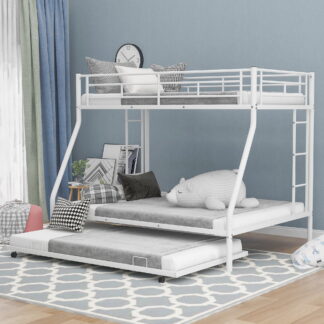 Kumix Bunk Bed with Trundle, Metal Twin over Full Bunk Bed for Kids Teens Adults with Full Length Guardrail and Two-Side Ladders, Heavy Duty Bunk Bed for Bedroom, Dom, Noise-Free, White