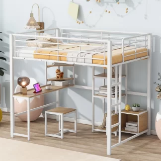 Kumix Full Size Loft Bed with Desk and Stool, Metal Loft Bed with Open-Style Wardrobe, Shelves and Cabinet for Kids Teens Adults, Space-Saving Loft Bed with Guardrail and Ladder for Bedroom, White
