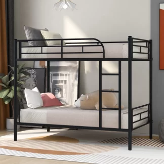 Kumix Bunk Bed Twin over Twin, Metal Bunk Bed with Ladder and Full-Length Guardrail for Kids Teens Adults, 2 in 1 Bunk Bed, Can Convertible into 2 Beds, Noise-Free, Space-Saving, Black