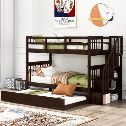 Kumix Bunk Bed with Trundle, Twin over Twin Bunk Bed with Staircase and Full Length Guardrail for Kids Teens Adults, Wood Bunk Bed Frame Able to Split, Noise-Free, Espresso