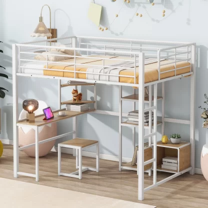 Kumix Full Size Loft Bed with Desk and Stool, Metal Loft Bed with Open-Style Wardrobe, Shelves and Cabinet for Kids Teens Adults, Space-Saving Loft Bed with Guardrail and Ladder for Bedroom, White