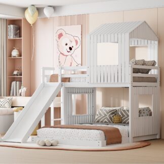 Kumix Bunk Bed with Slide for Kids, Twin over Full Bunk Bed for Boys/Girls with Full-Length Guardrails and Build-in Ladder, Wooden Bunk Bed for Bedroom, Dorm, 2 in 1 Bunk Bed, Noise-Free, White