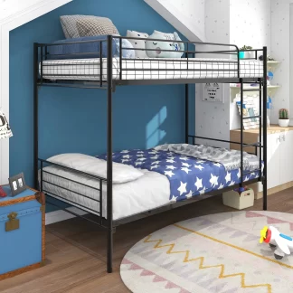 Kumix Bunk Bed Twin over Twin, Metal Bunk Bed with Under Bed Space, Ladder and Full-Length Guardrail for Kids Teens Adults, Heavy Duty Bunk Bed Frame for Bedroom, Noise-Free, Space-Saving, Black