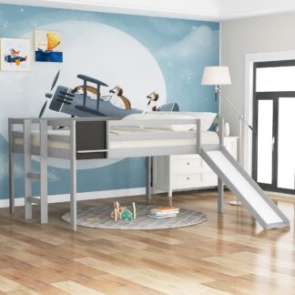 Kumix Loft Bed Twin Size with Slide, Wood Loft Bed with Blackboard, Full Length Guardrail and Ladder for Kids Teens Boys/Girls, Loft Bed Frame for Bedroom, Space-Saving, Noise-Free, Gray