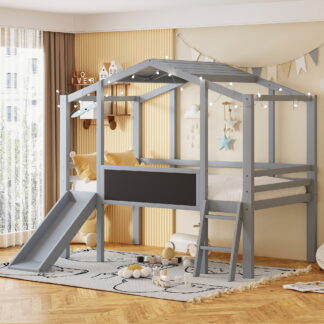 Kumix Loft Bed Twin with Slide, House Bed for Kids Teens Boys/Girls with Light Strip, Blackboard, Safety Guardrail and Ladder, Wood Loft Bed for Bedroom, Space-Saving, No Box Spring Needed, Gray
