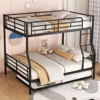 Kumix Bunk Bed with Trundle, Full XL over Queen Bunk Bed with Full Length Guardrail and Ladder for Kids Teens, Metal Bunk Bed Can Convertible into 2 Beds, 2 in 1 Bunk Bed, Noise-Free, Black