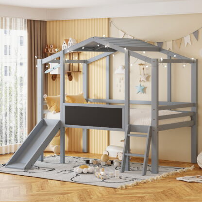Kumix Loft Bed Twin with Slide, House Bed for Kids Teens Boys/Girls with Light Strip, Blackboard, Safety Guardrail and Ladder, Wood Loft Bed for Bedroom, Space-Saving, No Box Spring Needed, Gray