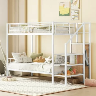 Kumix Twin over Twin Bunk Bed, Metal Bunk Bed with Storage Staircase and Wardrobe for Kids Teens, Adults, Multifunctional Bunk Bed with Ladder and Guardrails, Space-Saving, Noise-Free, White