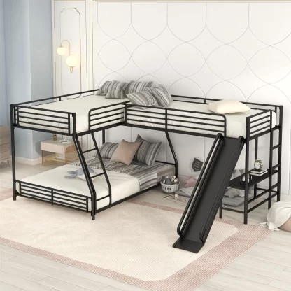 Kumix Metal Bunk Bed with Slide, L-Shaped Twin over Full Bunk Bed with Twin Size Loft Bed with Desk, Safety Guardrail and Ladder for Kids, Multi Functional Bunk Bed for 3, Noise-Free, Black
