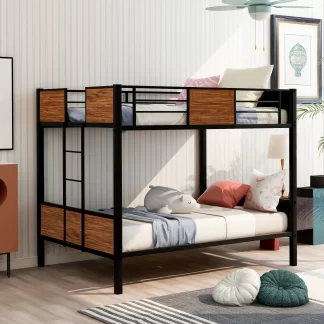 Kumix Bunk Bed Full over Full, Metal Bunk Bed with Safety Rail, Built-in Ladder for Kids Teens Adults, Space-Saving Bunk Bed for Bedroom, Dom, Noise-Free, No Box Spring Needed, Black+Brown