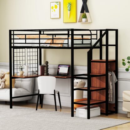 Kumix Twin Size Loft Bed with Desk, Metal Loft Bed with Metal Grid, Lateral Storage Ladder and Wardrobe for Kids Teens Adults, Noise-Free Loft Bed Frame for Bedroom, Space Saving, Black