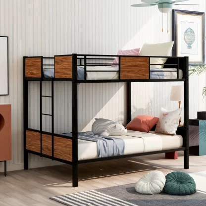 Kumix Bunk Bed Full over Full, Metal Bunk Bed with Safety Rail, Built-in Ladder for Kids Teens Adults, Space-Saving Bunk Bed for Bedroom, Dom, Noise-Free, No Box Spring Needed, Black+Brown