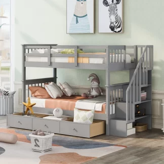 Kumix Twin over Twin Bunk Bed, Wood Bunk Bed with Drawers, Full Length Guardrail and Storage Staircase for Kids Teens Adults, Heavy Duty Bunk Bed Frame Able to Split, Space-Saving, Gray