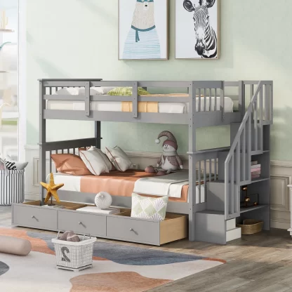Kumix Twin over Twin Bunk Bed, Wood Bunk Bed with Drawers, Full Length Guardrail and Storage Staircase for Kids Teens Adults, Heavy Duty Bunk Bed Frame Able to Split, Space-Saving, Gray
