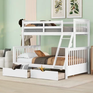 Kumix Bunk Bed with Drawers, Twin over Full Bunk Bed with Full Length Guardrail and Build-in Ladder for Kids Teens Adults, Wood Bunk Bed Able to Split, 2 in 1 Bunk Beds, Noise-Free, White
