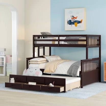 Kumix Bunk Bed with Trundle, Twin over Full Bunk Bed with Drawers, Full Length Guardrail and Ladder for Kids Teens Adults, Wood Bunk Bed Able to Split, with Twin Size Trundle, Noise-Free, Espresso