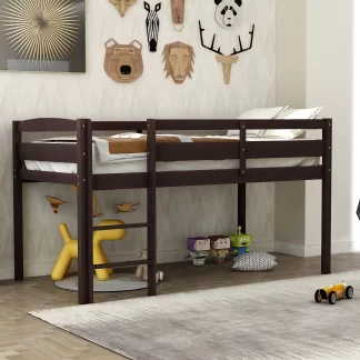 Kumix Twin Size Loft Bed, Wood Loft Bed with Full Length Guardrail and Build-in Ladder for Kids Teens Adults, Heavy Duty Loft Bed for Bedroom, Spacious Under Bed Space, Noise-Free, Espresso