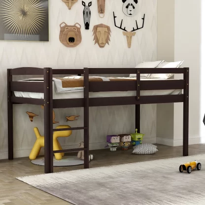 Kumix Twin Size Loft Bed, Wood Loft Bed with Full Length Guardrail and Build-in Ladder for Kids Teens Adults, Heavy Duty Loft Bed for Bedroom, Spacious Under Bed Space, Noise-Free, Espresso
