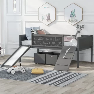 Kumix Twin Size Loft Bed with Slide, Wood Loft Bed with Two Storage Boxes, Climbing Frame & Rope, Blackboard and Safety Guardrail for Kids Teens Adults, Heavy Duty Loft Bed Frame for Bedroom, Gray