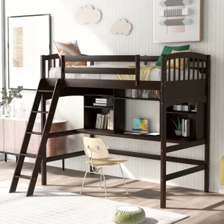Kumix Loft Bed Twin Size with Desk, Wood Loft Bed with Storage Shelves, Full Length Guardrail and Inclined Ladder for Kids Teens Adults, Space-Saving Loft Bed for Bedroom, Noise-Free, Espresso