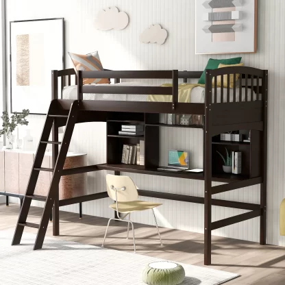 Kumix Loft Bed Twin Size with Desk, Wood Loft Bed with Storage Shelves, Full Length Guardrail and Inclined Ladder for Kids Teens Adults, Space-Saving Loft Bed for Bedroom, Noise-Free, Espresso
