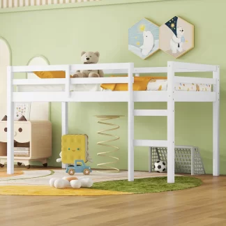 Kumix Loft Bed Twin Size, Wood Loft Bed with Full Length Guardrail and Build-in Ladder for Kids Teens Adults, Heavy Duty Loft Bed for Bedroom, Dorm, Spacious Under Bed Space, Noise-Free, White