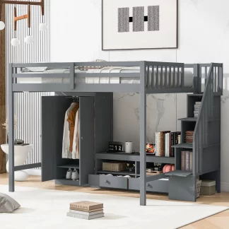 Kumix Loft Bed Full Size, Wood Loft Bed with Wardrobe, Low Storage Desk and Storage Staircase for Kids Teens Adults, Heavy Duty Loft Bed Frame with Safety Guardrail and Ladder for Bedroom, Gray