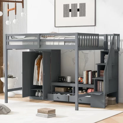 Kumix Loft Bed Full Size, Wood Loft Bed with Wardrobe, Low Storage Desk and Storage Staircase for Kids Teens Adults, Heavy Duty Loft Bed Frame with Safety Guardrail and Ladder for Bedroom, Gray
