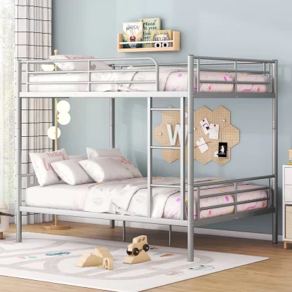 Kumix Bunk Bed Full over Full, Metal Bunk Bed with Full Length Guardrail and Build-in Ladder for Kids Teens Adults, Space-Saving Bunk Bed Can Convertible into 2 Beds, Noise-Free, Silver