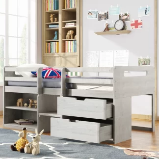 Kumix Loft Bed Twin Size, Wood Loft Bed with Two Shelves and Two Drawers for Kids Teens Adults, Heavy Duty Loft Bed Frame with Full Length Guardrail and Ladder for Bedroom, Space-Saving, White