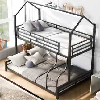 Kumix Bunk Bed Twin over Full, Metal House Bunk Bed for Kids Teens Adults with Full Length Guardrail and Build-in Ladder, Low Bunk Bed for Toddler, Able to Split, Noise-Free, Black