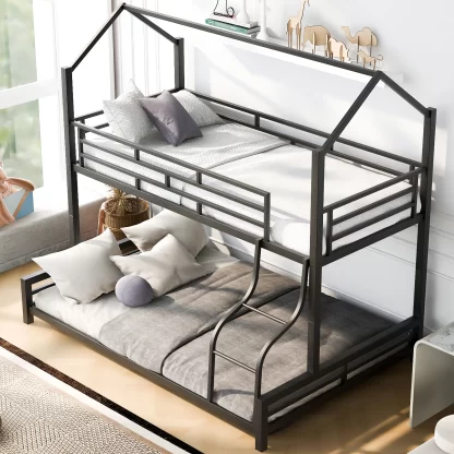 Kumix Bunk Bed Twin over Full, Metal House Bunk Bed for Kids Teens Adults with Full Length Guardrail and Build-in Ladder, Low Bunk Bed for Toddler, Able to Split, Noise-Free, Black