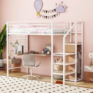 Kumix Twin Size Loft Bed with Desk, Metal Loft Bed with Metal Grid, Lateral Storage Ladder and Wardrobe for Kids Teens Adults, Noise-Free Loft Bed Frame for Bedroom, Space Saving, White