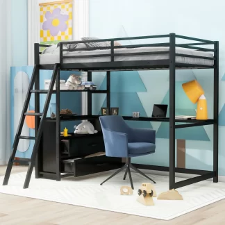 Kumix Metal Loft Bed with Desk, Twin Size Loft Bed with Drawers and Shelves for Kids Teens Adults, Heavy Duty Loft Bed with Safety Guardrail and Ladder for Bedroom, Noise-Free, Space-Saving, Black