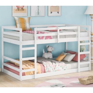 Kumix Twin over Twin Bunk Bed, Low Bunk Bed for Kids Teens with Full Length Guardrail and Build-in Ladder, Wood Bunk Bed Frame for Bedroom, 2 in 1 Bunk Beds, Noise-Free, Easy Assembly, White