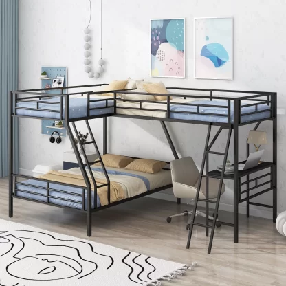 Kumix Metal Bunk Bed with Desk, L-Shaped Twin over Full Bunk Bed with Twin Size Loft Bed with Safety Guardrail and Ladder for Kids, Multi Functional Bunk Bed for 3, Noise-Free, Black
